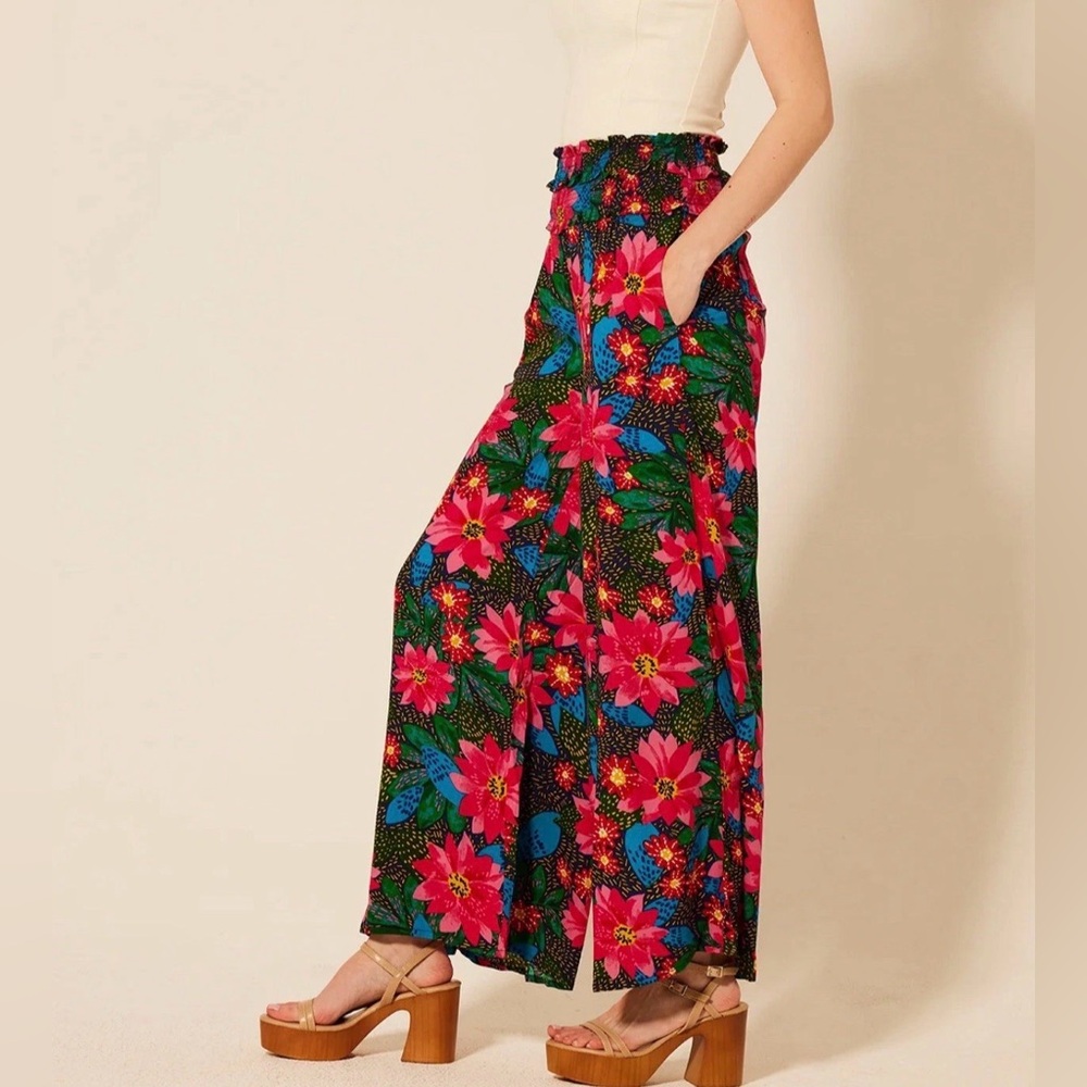 Patrons of Peace Womens XS Palazzo Colorful Floral Smocked Wide Leg Pant Rayon